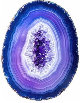 Vibrant agate slice showcasing concentric bands of blue, purple, and white crystal
