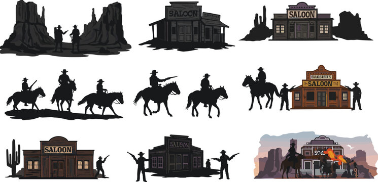 Wild West silhouette vector set with cowboys, saloons, horseback scenes, desert landscape, guns drawn, sunset background, vintage western illustration design