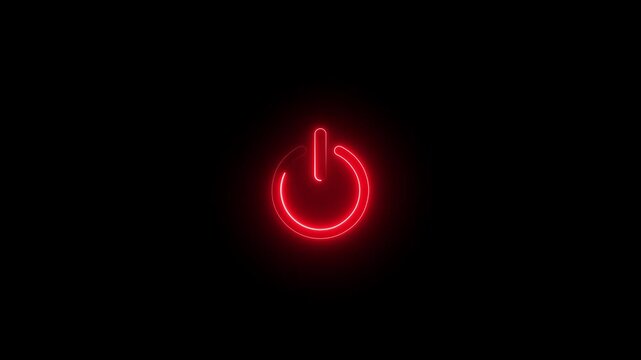 glowing neon red power button symbol glowing against a dark in simple graphic style. Neon power button icon animation 4k video