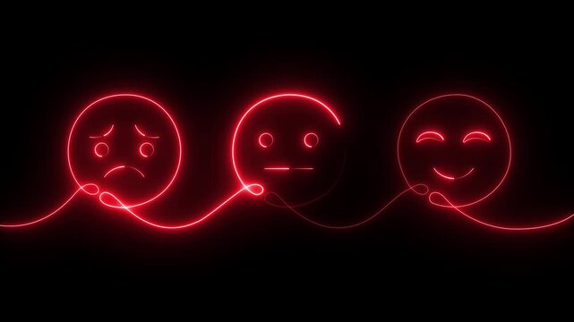 glowing neon emotional faces showing transition from sadness to happiness. Minimalist continuous line art concept of emotional regulation, mood change, mental health animation 4k video