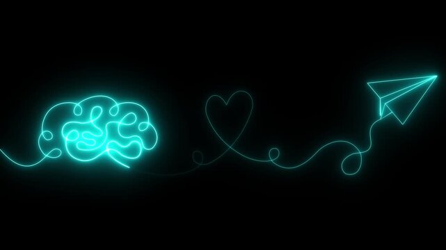 glowing neon Minimalist continuous line drawing of brain heart and paper airplane symbolizing creativity love imagination and freedom.Motion graphics of concept black background.animation 4k video