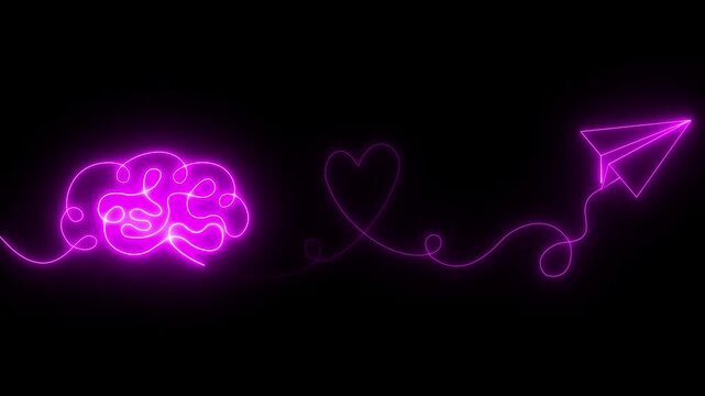 glowing neon Minimalist continuous line drawing of brain heart and paper airplane symbolizing creativity love imagination and freedom.Motion graphics of concept black background.animation 4k video