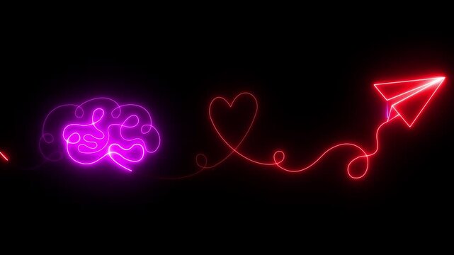 glowing neon Minimalist continuous line drawing of brain heart and paper airplane symbolizing creativity love imagination and freedom.Motion graphics of concept black background.animation 4k video