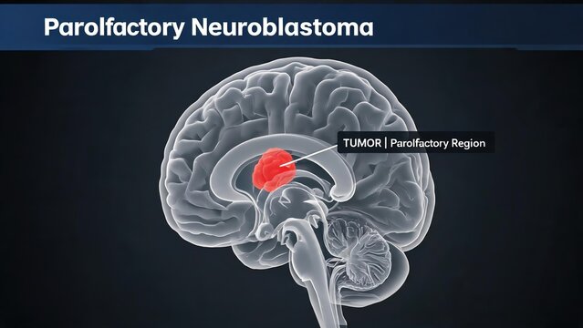 Dark muted background lateral view 3D anatomical render of Parolfactory Neuroblastoma, human brain showing glowing orange malignant tumor lesion and surrounding normal brain tissue labeled brain patho
