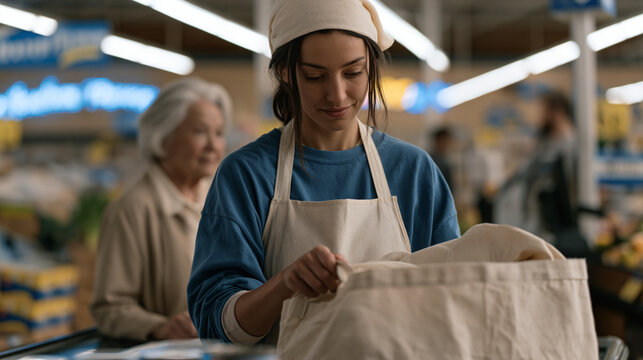 A grocery bagger at a checkout counter carefully layers produce over heavier canned goods in a reusable fabric bag while an elderly customer watches, neon aisle signage reflected