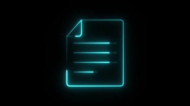 Neon glowing document icon line art animation appearing isolated on black background video. document symbol glowing in neon cyan light animation against dark black background