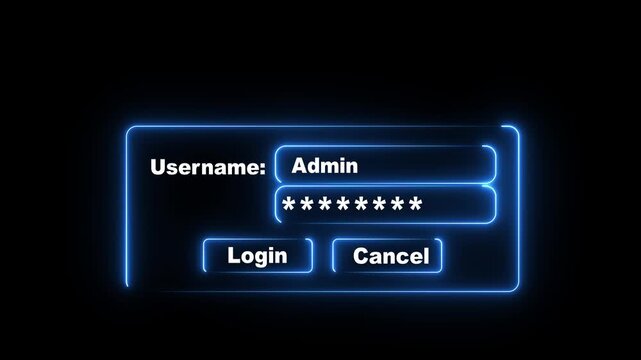 Futuristic login screen with neon blue glowing borders for username and password fields animation 4k video