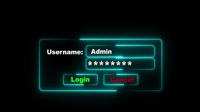 Futuristic login screen with neon cyan glowing borders for username and password fields animation 4k video