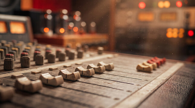 Vintage analog audio mixing console closeup with worn faders knobs warm studio lights floating dust evoking sound production music heritage nostalgia for music production podcast studio