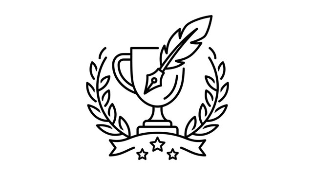 Clean Black and White Trophy Cup with Laurel Wreath and Star Emblem with high quality professional line art symbols for modern creative design and digital branding projects
