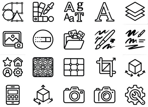 Vector graphic design layer adjustment and art tool line icon set for digital illustrators