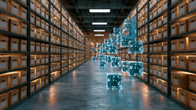 A warehouse aisle with box stack and glowing digital icon, symbolizing virtual data room, secure file storage, and protected file access.