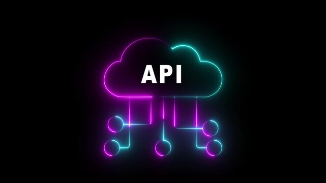 glowing neon blue cloud icon with API text and connecting lines on black background animation 4k video