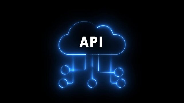 glowing neon blue cloud icon with API text and connecting lines on black background animation 4k video