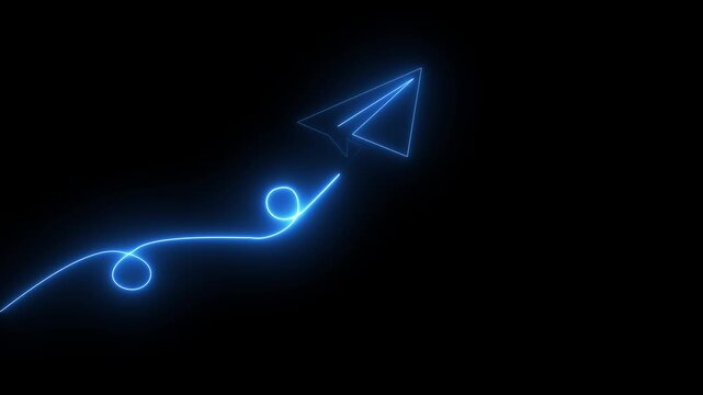 Glowing blue Neon Paper Plane Icon with Continuous Line Path on Black Background, Futuristic Message Send Symbol, Seamless 4K Animation
