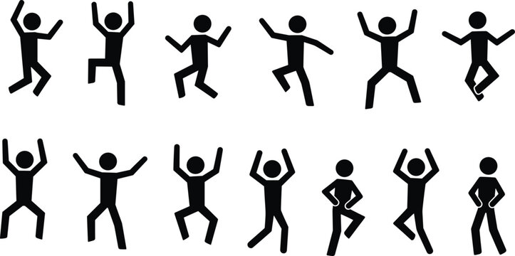 Stick figure illustration set showing dynamic dance and exercise poses, black silhouette vector for motion design, choreography, fitness, and animation reference.