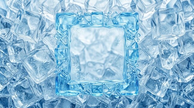 A Beautifully Arranged Ice Frame Surrounded by Sparkling Ice Cubes, Creating a Refreshing Aesthetic with Shimmering Textures and Crystal Clear Edges