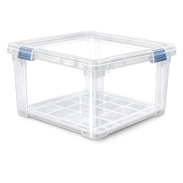 Empty square transparent plastic food storage container with blue locking clips isolated on transparent background