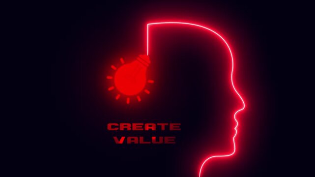 Create value and business growth concept featuring glowing red neon head outline with illuminated light bulb on dark background