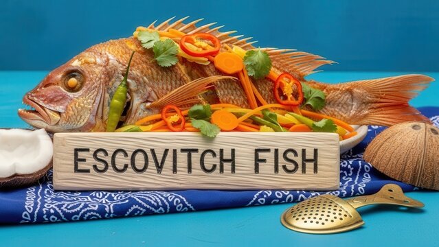 Traditional Jamaican Escovitch Fried Snapper with Pickled Vegetables and Caribbean Blue Copy Space