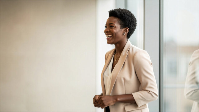Smiling confident businesswoman standing in a modern office with natural daylight
