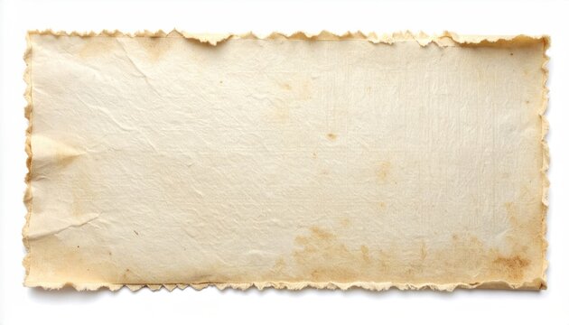 Aged, crinkled paper rectangle with scalloped edges and faded stains