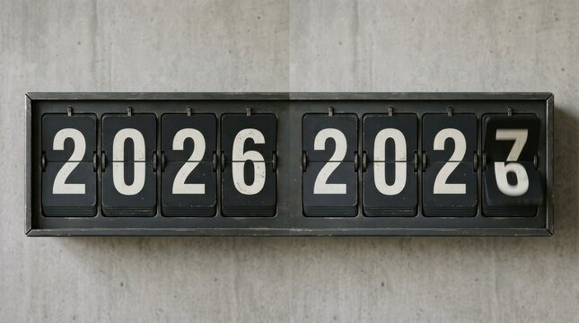Retro Split-Flap Display Showing Years 2026 and 2023 Transitioning