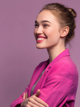 medium close-up of a joyful woman in a bright pink blazer crossing her arms and glancing to the side, natural toothy smile, pastel lavender seamless background, soft directional light sculpts 