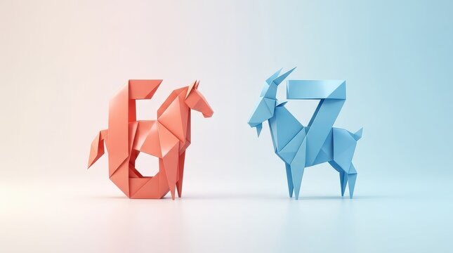 Origami Coral Horse Number Six and Blue Goat Number Seven on Gradient Background
