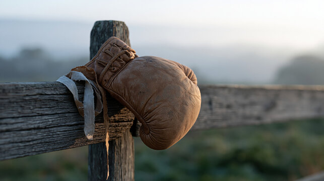 A worn leather boxing glove resting against a split rail fence in a misty rural valley, tape unraveling at the wrist, morning dew on the grass beyond, evoking solitary dedication,