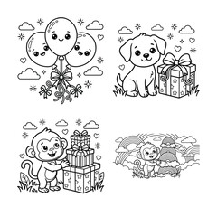Fototapeta premium Line art illustrations of balloons puppy monkey and baby monkey with gifts and clouds presents