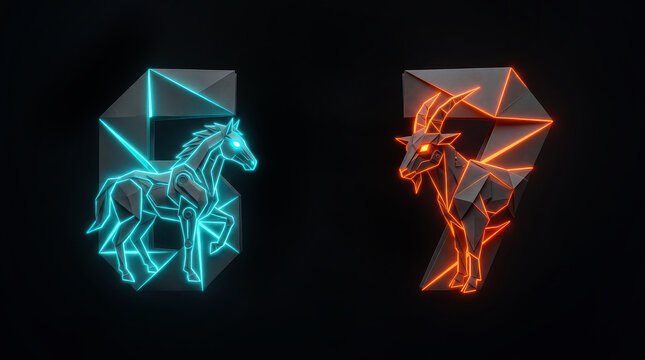 Glowing Geometric Horse and Goat Figures with Numbers 6 and 7 on Dark