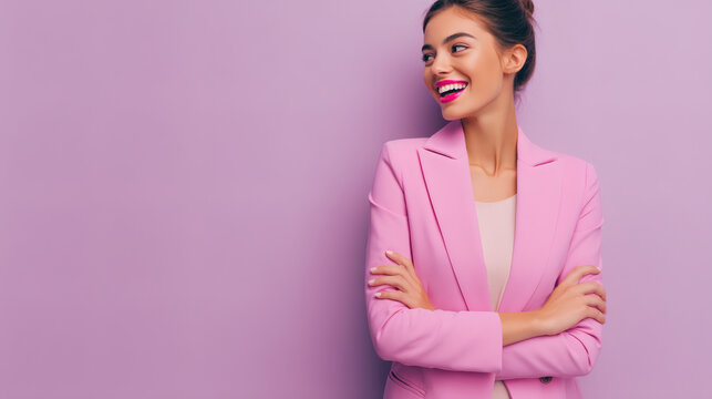 medium close-up of a joyful woman in a bright pink blazer crossing her arms and glancing to the side, natural toothy smile, pastel lavender seamless background, soft directional light sculpts 