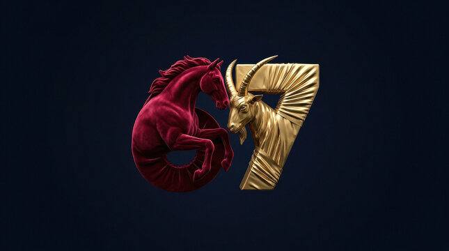 Luxurious Red Velvet Horse Six and Golden Goat Seven Abstract Clash