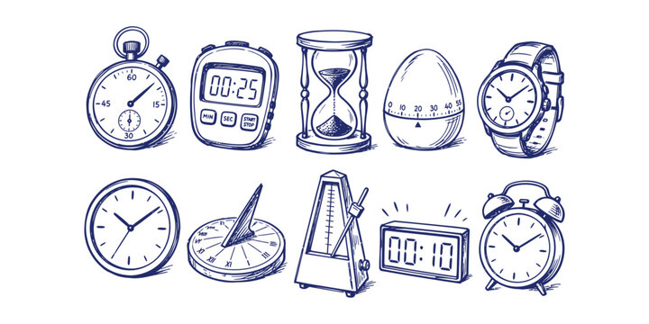 clock timer time measurement element collection hand drawn doodle icon set vector illustration