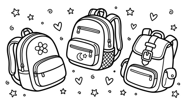 Set of three school backpacks with doodle patterns for children coloring book page activity