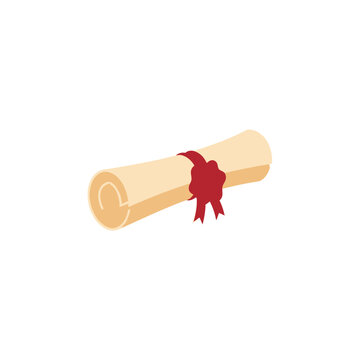 Vintage Rolled Parchment Scroll with Red Wax Seal and Ribbon, Isolated Vector Illustration