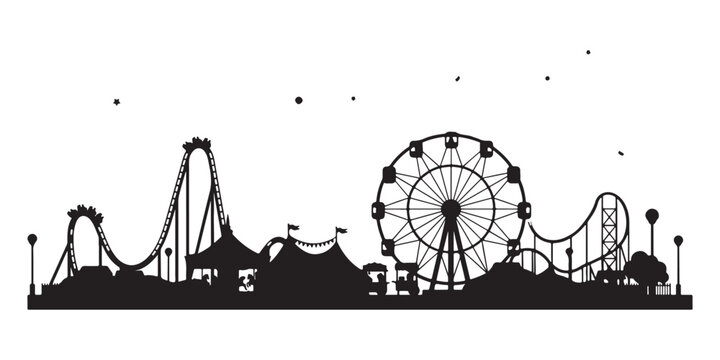 Amusement park silhouette vector landscape with roller coaster ferris wheel and carousel carnival festive illustration