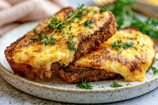 Plate of authentic Welsh Rarebit, traditional food made of grilled cheese with beer on toast of bread