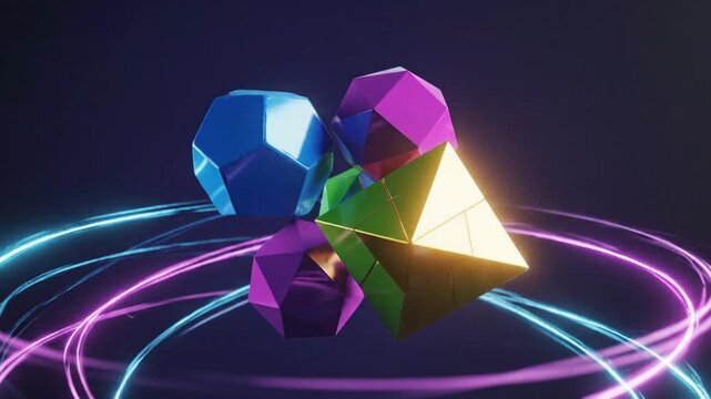Abstract 3D rendering of geometric shapes with dynamic light trails on dark background