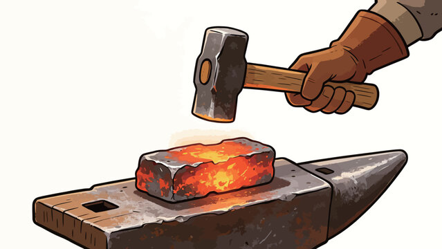Cartoon Blacksmith Forging Glowing Metal with Hammer on Anvil
