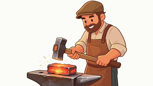 Cartoon Blacksmith Crafting Glowing Metal on Anvil with Sparks Flying