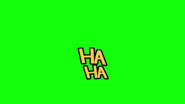 Bold yellow text "HA HA HA" with thick black outlines stacked vertically bounces and jiggles energetically with laughter on a solid bright lime green background in vibrant cartoon vector style.