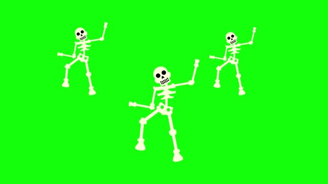 Three cheerful white cartoon skeletons with black outlines dance energetically in sync on a solid bright lime green background in vibrant vector style.