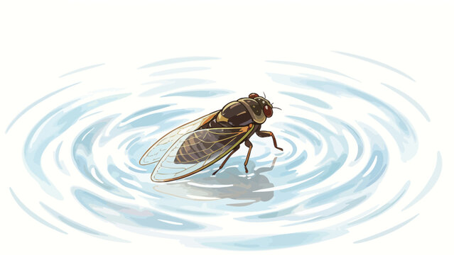 Digital illustration of a cicada standing on a swirling water vortex with reflective ripples