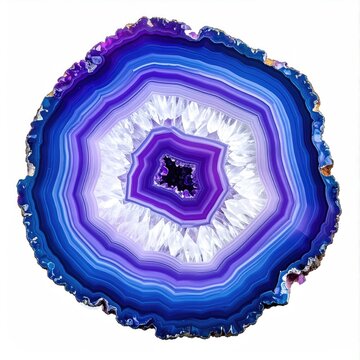 Sliced agate geode showcases concentric rings of blue, purple, and white crystal