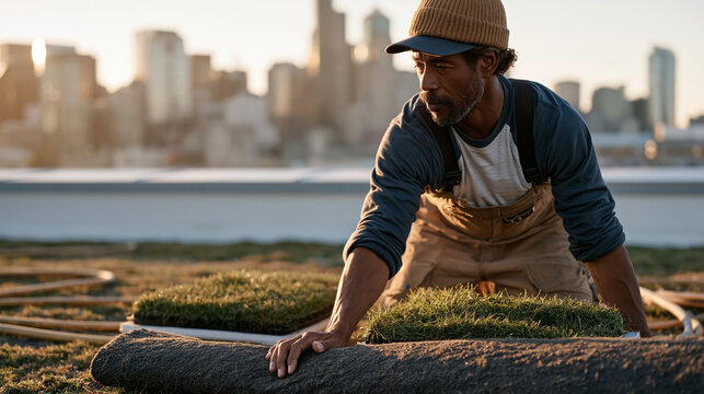 A green roofer installs rolled vegetation substrate across a commercial building rooftop, kneeling beside flats of sedge plugs with the city skyline rising beyond a low parapet