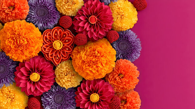 Colorful Diwali flowers and decorative diyas framing vibrant pink copy space background