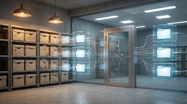 Secure office archive with file box, glass door and digital screen overlay, showing paperless workflow, record digitization and modern document management.
