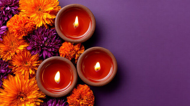 Diwali diyas and marigold flowers framing purple background with generous copy space